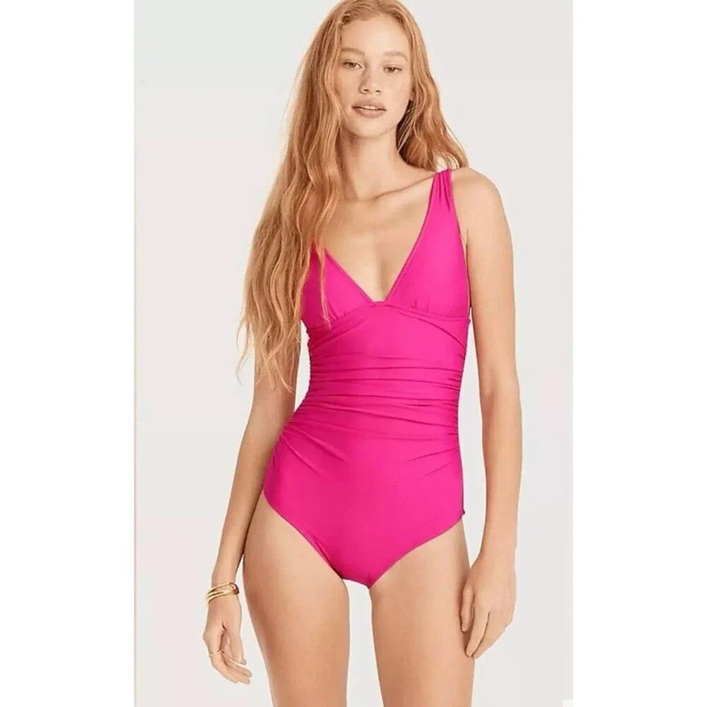 J. Crew NWT Ruched V Neck One Piece Sz 10 Swimsuit Fuchsia BC116 Full Coverage‎